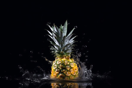 Pineapple on black background. Fruit with water drops. Generate AIの素材