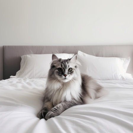 cat on the bed. Home pet funny concept. Generate AIの素材