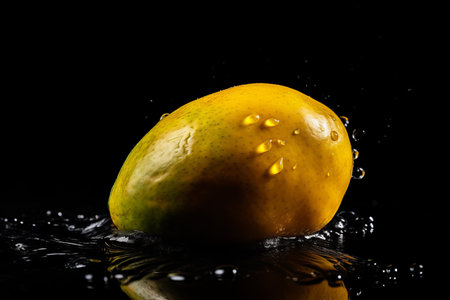 Mango on black background. Fruit with water drops. Generate AIの素材
