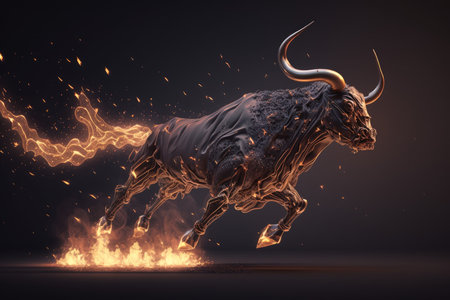 Fiery bull on black background. trading concept. Generate AIの素材
