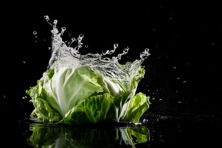 Cabbage on black background. Fruit with water drops. Generate AIの素材
