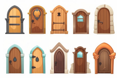 Door game icon set in cartoon style on white background isolated. Medieval collection. Generate AIの素材