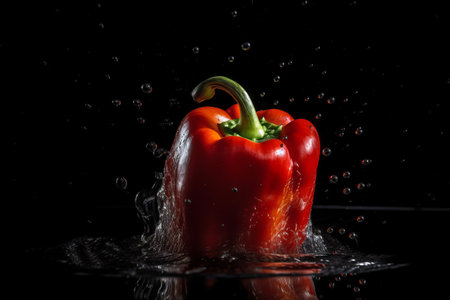 Pepper on black background. Fruit with water drops. Generate AIの素材
