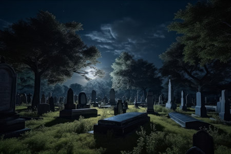 Old cemetery on a moonlit night. Graveyard horror concept. Generate AIの素材