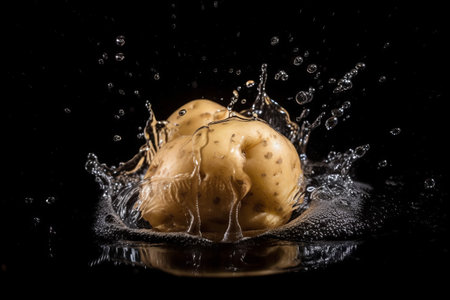 Potato on black background. Fruit with water drops. Generate AIの素材