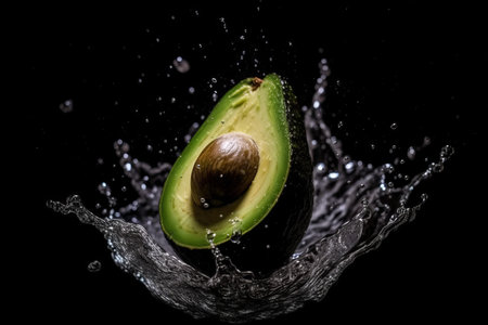 Avocado on black background. Fruit with water drops. Generate AIの素材
