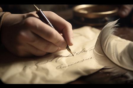 Poet write concept. Vintage parchment on wooden table. Generate AIの素材