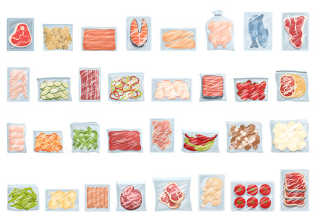 Frozen food icons set cartoon vector. Chicken bag. Vegetable productのイラスト素材