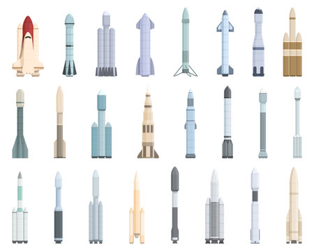 Reusable space rockets icons set cartoon vector. Shuttle travel. Science futureのイラスト素材