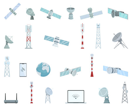 Satellite Internet icons set cartoon vector. Antenna communication. Internet signalのイラスト素材