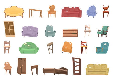 Broken furniture icons set cartoon vector. Interior room. Sofa oldのイラスト素材