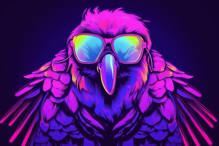 Neon futuristic bird portrait. Cyberpunk art with colorful sunglasses. Generate AIの素材
