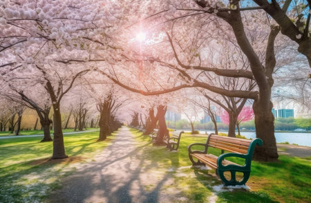 Cherry blossom city park. Japanese sakura. Generate AIの素材