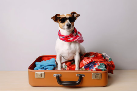 Dog sit at open suitcase. vacation travel. Generate AIの素材