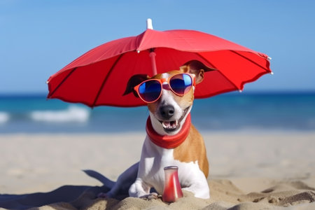 Dog in red sunglasses, relax at the beach. holiday travel. Generate AIの素材