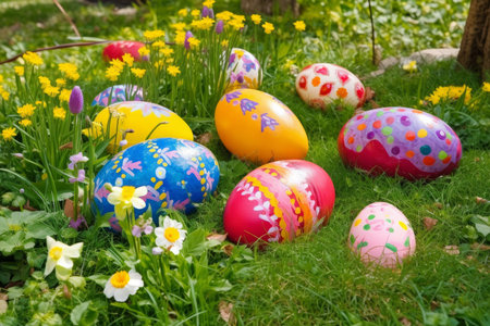 Easter eggs in forest. nature holiday decoration. Generate AIの素材