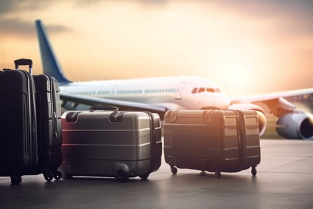 Luggage at the airport with planes. holiday transport. Generate AIの素材