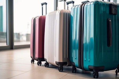 Full luggage suitcases at airport. vacation travel. Generate AIの素材