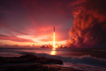 Starship sunset launch. planet star. Generate AIの素材