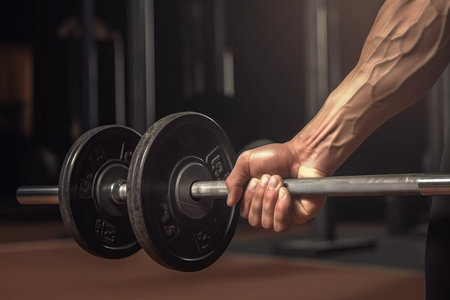 Hand take barbell gym. metal training. Generate AIの素材