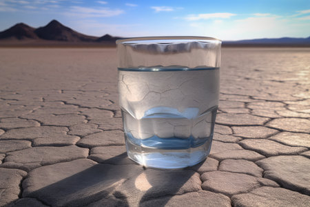 Cold water glass in desert. Ecology dry. Generate AIの素材