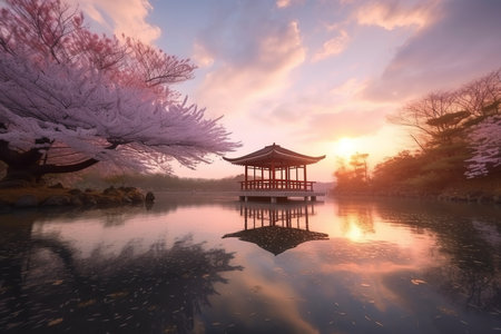 lake sunset at cherry blossom. spring nature. Generate AIの素材