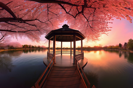 Sunset at lake cherry blossom. nature tree. Generate AIの素材