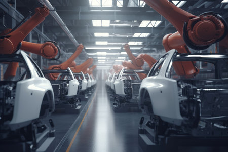 Robot hand assembly car. factory production. Generate AIの素材