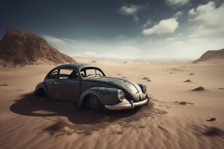 Abandoned car in desert sand. old vehicle. Generate AIの素材