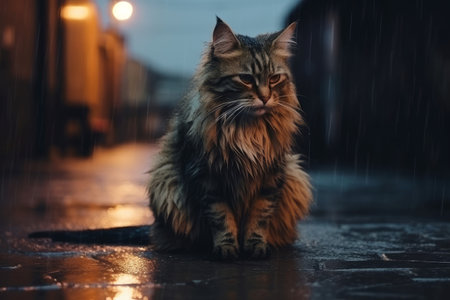 Cat in the evening rain street. road kitten. Generate AIの素材