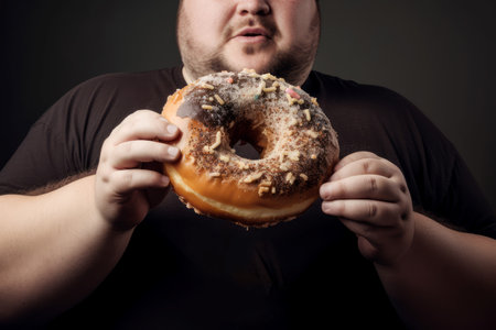 Fat man holding big donut. Breakfast food. Generate AIの素材