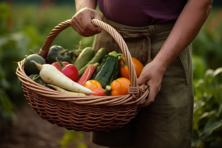 Farmer hold full basket. fresh garden. Generate AIの素材