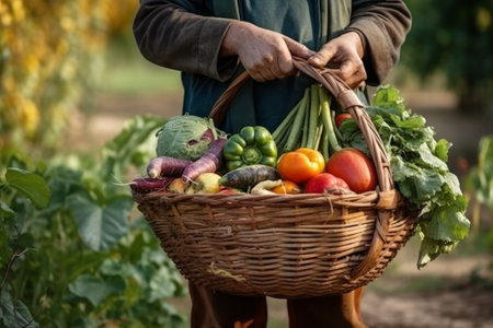 Farmer hold full basket of vegetables. farm box. Generate AIの素材