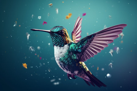 Cute flying hummingbird. Colorful feather. Generate AIの素材