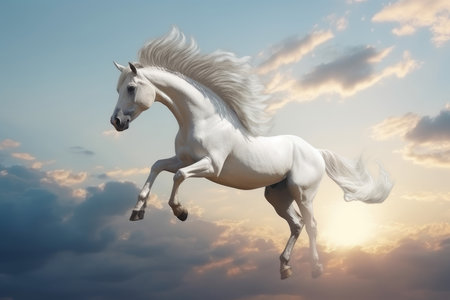 Pegasus flying on sunset sky. Myth creature. Generate AIの素材