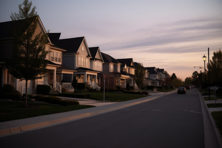 Suburban sunset street. home estate. Generate AIの素材