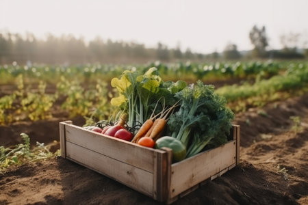 Wood crate of vegetables. garden farm. Generate AIの素材
