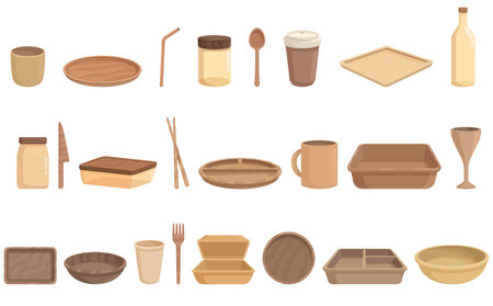 Biodegradable tableware icons set cartoon vector. Food paper. Party plateのイラスト素材