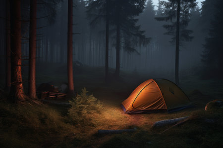 Tent in forest in summer night. summer outdoor place. Generate AIの素材