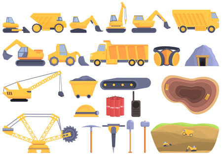 Quarry services icons set cartoon . Auto car. Carrier constructionの写真素材
