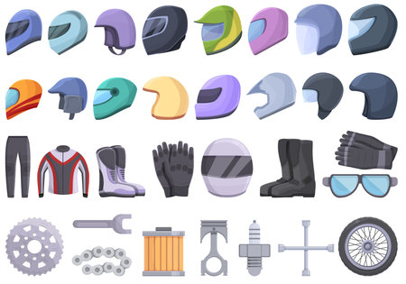 Motorcycle equipment icons set cartoon . Helmet jacket. Bike coverの写真素材
