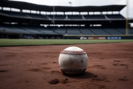 Dirty baseball ball on arena. green team. Generate AIの素材