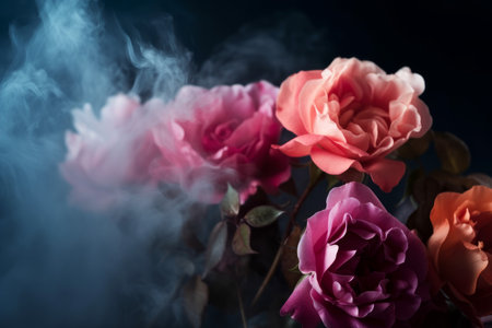 Rose flowers in smoke. spring garden. Generate AIの素材