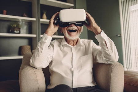 Old man happy in vr glasses. happy game. fictional person. Generate AIの素材