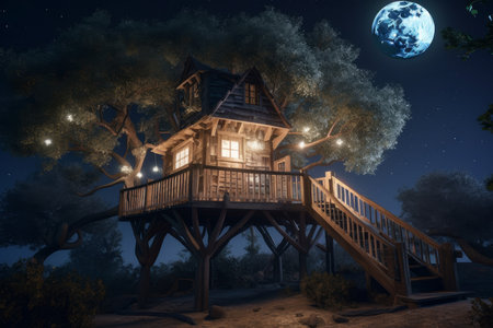 Tree house moon night. nature fairy. Generate AIの素材
