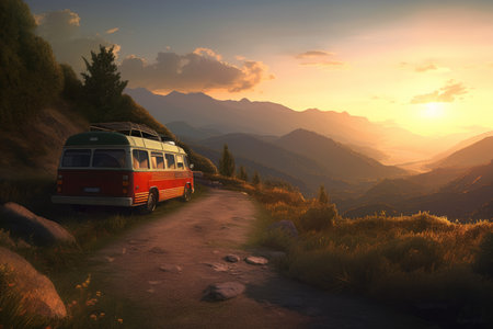 Campervan in the mountains at sunset. Travel holidays. Generate AIの素材