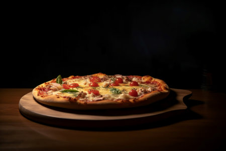 Round pizza with bacon. tomato sauce. Generate AIの素材