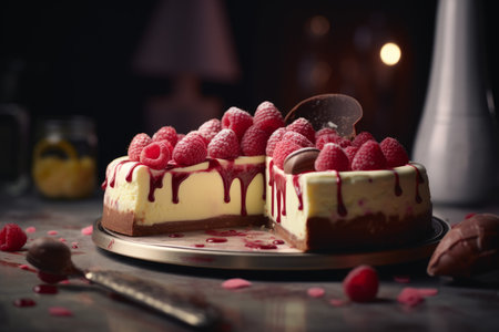 Chocolate raspberry cheesecake. Creamy fresh. Generate AIの素材