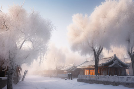 Village street at winter. Season snowy. Generate AIの素材