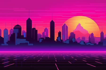Big retro city sunset. space techno. Generate AIの素材